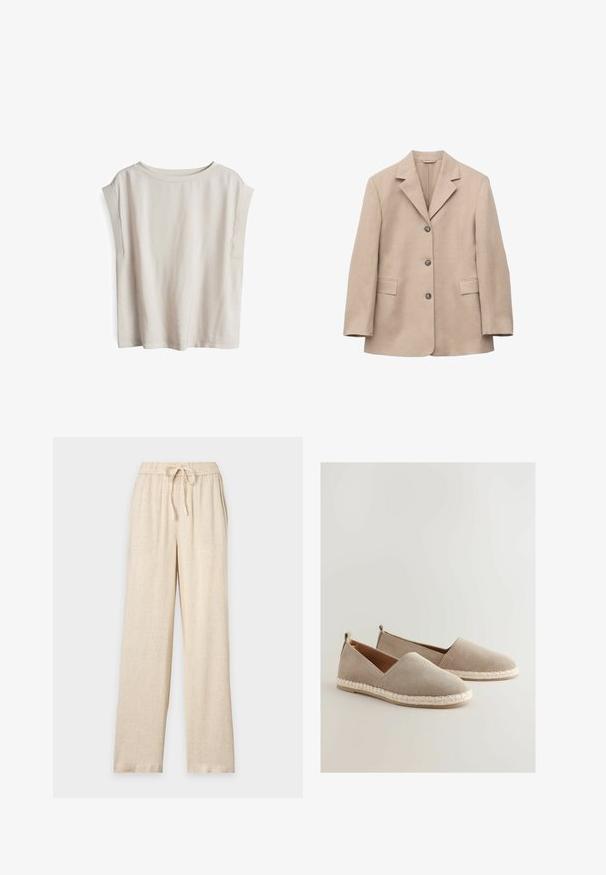Beige single-breasted blazer met drie knopen, notch revers, lange mouwen en twee voorflapzakken, afgebeeld op een witte achtergrond.; Korte mouw licht beige top, gemaakt van zachte stof, met een wijd uitsnijdende halslijn en verlaagde schoudernaden, met een relaxte pasvorm en een minimalistisch design.; Beige wijde broek met elastische tailleband en trekkoord, gemaakt van een lichtgewicht gestructureerde stof.; Beige suède instappers met een geweven jute zool, met een laag uitgesneden ontwerp en een kleine hak accent aan de achterkant.