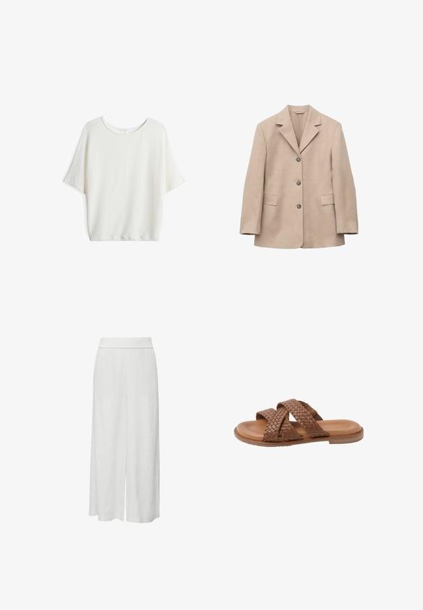 Beige single-breasted blazer met drie knopen, notch revers, lange mouwen en twee voorflapzakken, afgebeeld op een witte achtergrond.; Witte top met korte mouwen en een ronde hals, gemaakt van een gestructureerde, geweven stof en met een losse pasvorm, geschikt voor casual kleding.; Witte linnen culottes met een elastische tailleband, een wijd benen ontwerp en zijzakken. Gladde textuur met een vloeiende silhoutte.; Bruine leren slidesandaal met twee brede gevlochten bandjes die over de voet kruisen en een platte zool, geïsoleerd op een witte achtergrond.