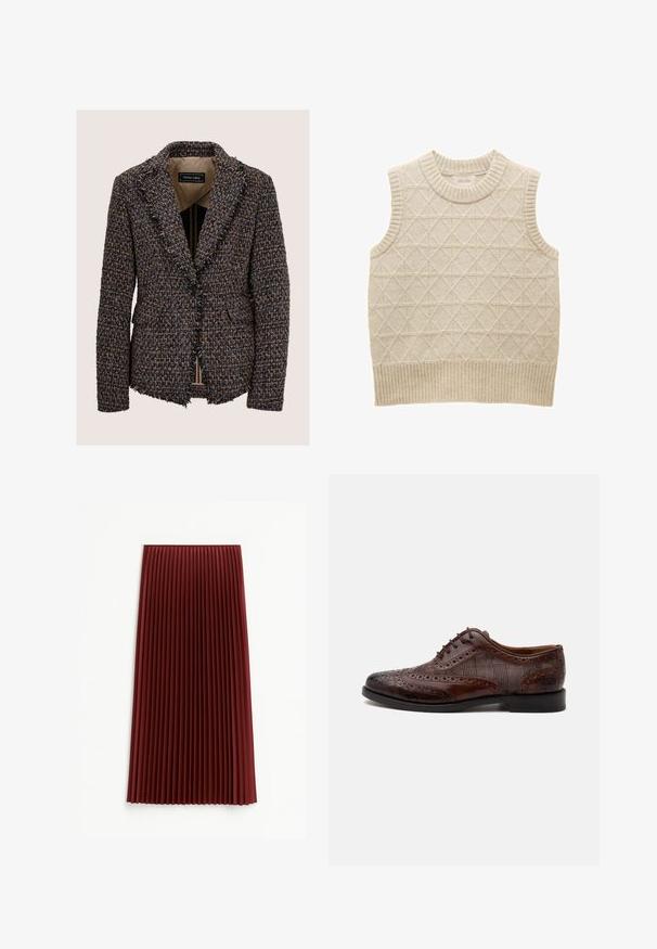 Bruine en blauwe getextureerde tweedblazer met inkepingen in de revers, enkele zwarte knoopsluiting, voorzakken en rafelige randen bij zoom en manchetten.; Beige gebreide mouwloze sweater met ruitpatroon, geribbelde kraag en zoom, gemaakt van zacht materiaal voor comfort. Merkenlabel zichtbaar aan de binnenkant.; Plissé midi-rok in diep rood, met een gestructureerde stof en gelijkmatig verdeelde verticale plooien. De zoom valt rond de middenkuit.; Bruine leren herenschoen met vleugelstuk, brogue-details en geruite stoffen zijpanelen, zijaanzicht op een witte achtergrond.