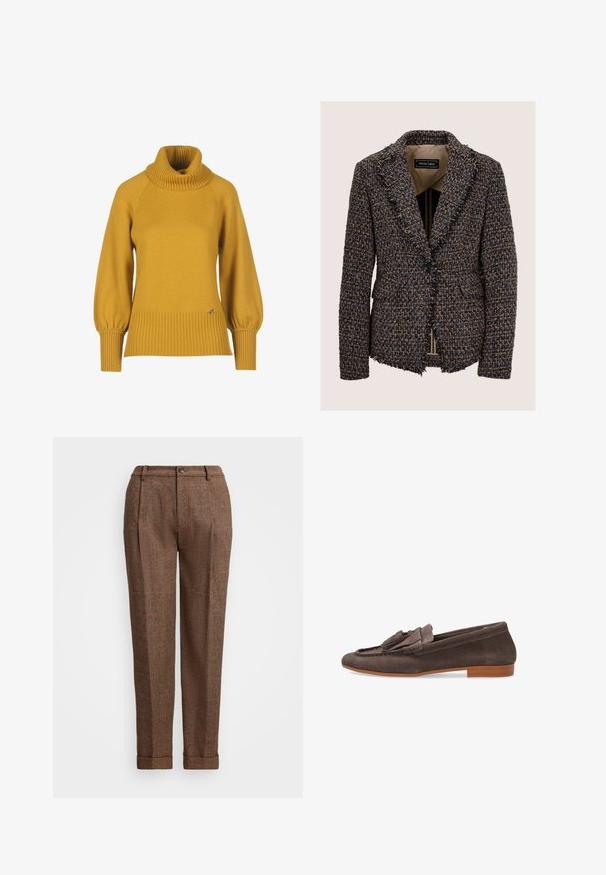 Veste en tweed marron et bleu texturé avec revers crantés, fermeture par un bouton noir unique, poches avant et bords effilochés à l'ourlet et aux poignets.; Pull en maille jaune moutarde avec un col remonté en côtes, des manches raglan et un ourlet côtelé. Présente un petit logo métallique en accent.; Pantalons à carreaux marron avec une coupe ajustée, présentant des plis, une fermeture à bouton et des ourlets retroussés. Tissu texturé avec des accents orange.; Mocassin homme en suède marron avec pampille, talon bas empilé et couture moc toe, vue latérale sur fond blanc.