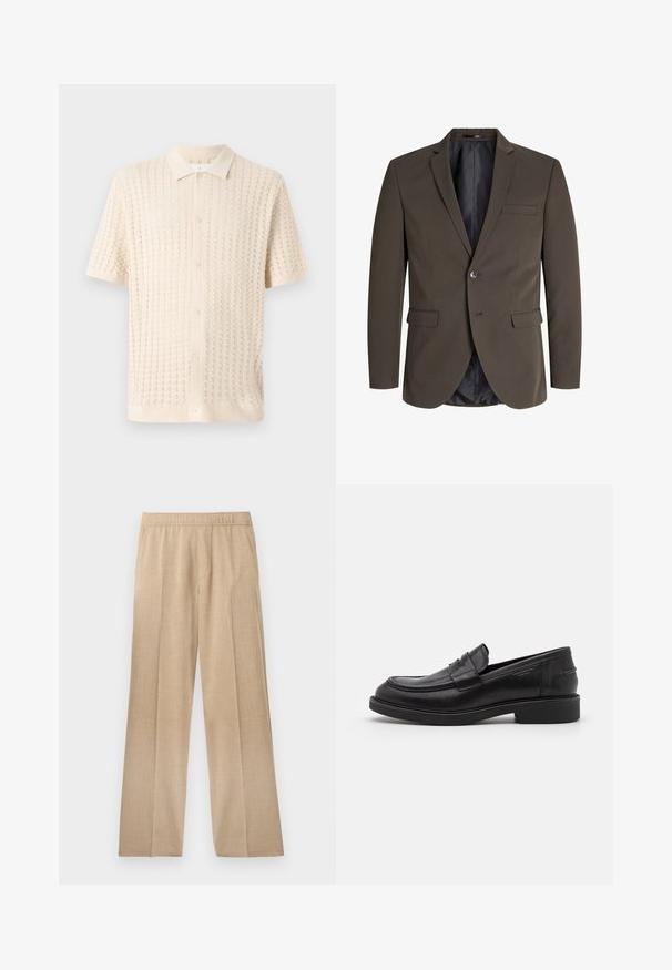 Blazer marron foncé avec un seul bouton, deux poches frontales et un revers cranté. L'intérieur est doublé de tissu noir pour créer un contraste.; Chemise à manches courtes à boutons en crème clair, présentant un motif tricoté texturé avec un col et cinq boutons sur le devant.; Pantalons larges beiges fabriqués dans un tissu texturé, dotés d'une taille élastique et sans poches ni embellissements visibles.; Mocassins en cuir noir avec un bout arrondi, des coutures ton sur ton et un détail de sangle à l'avant. Semelle en caoutchouc avec un petit talon.