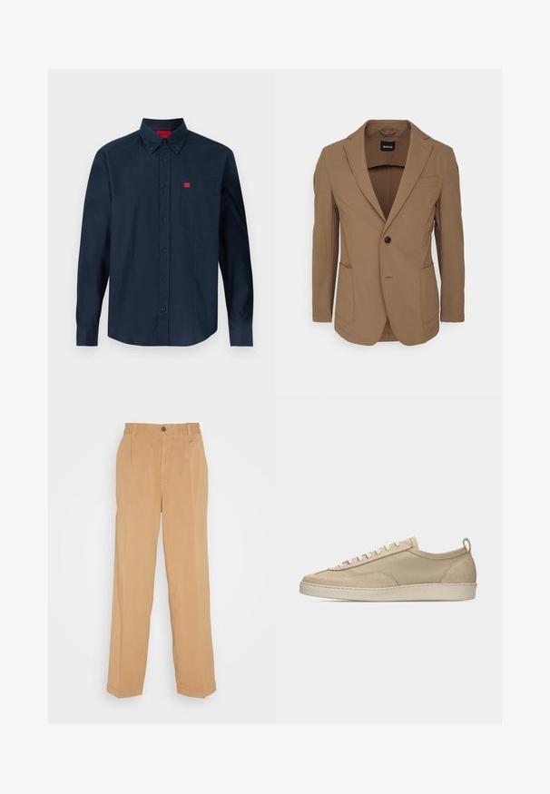 BOSS HANRY - Sakko - open green; Marineblaue, langärmlige Hemdjacke mit Knopfleiste, Knopfkragen und Brusttasche mit kleinem rotem Logoschild.; Beige weite Hose aus weichem Stoff, mit zwei frontalen Taschen, einem Knopfverschluss und Bügelfalten entlang der Beine.; Beiger Sneaker mit niedriger Schafthöhe, Obermaterial aus Stoff und Wildleder, weißen Schnürsenkeln, Gummisohle und Fersenlasche, seitlich auf weißem Hintergrund dargestellt.