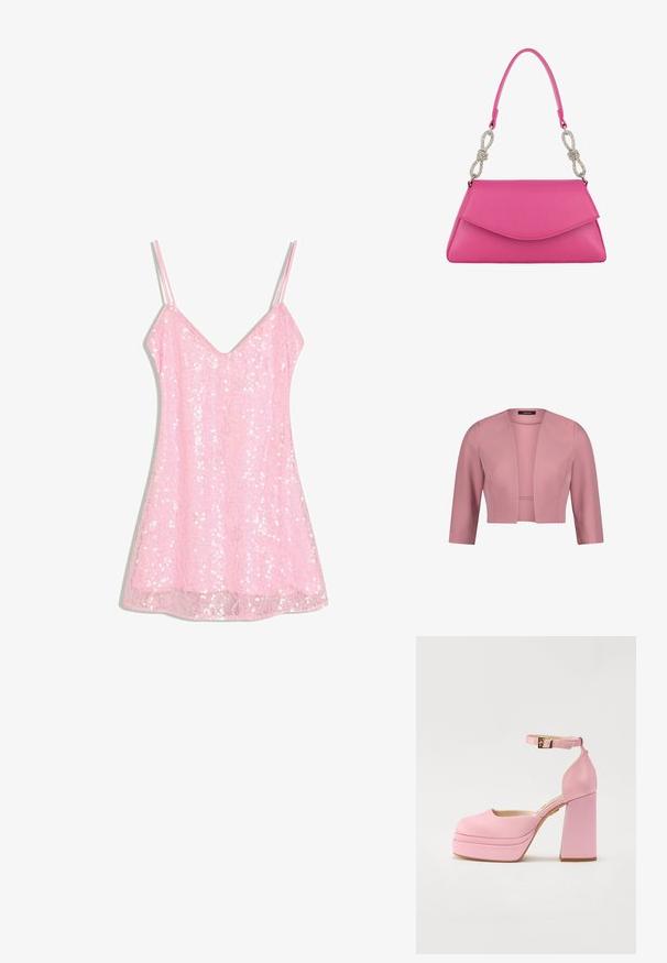 Roze cropped damesblazer met driekwartsmouwen en open voorkant, gladde stof, gestructureerde pasvorm.; Roze mouwloze mini-jurk met dunne dubbele bandjes en een kantlaag bedekt met pailletten.; Roze hoge plateau schoenen met een ronde neus, enkelbandje en blokhak. Vloermateriaal met een subtiele textuur en gouden gespdetails.; Roze leren handtas met een gestructureerde klep en een enkel handvat met twee zilveren strass strikvormige bevestigingen.