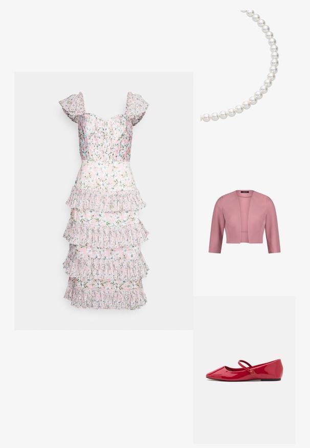 Rosenrosa, kürzeres Damenblazer mit dreiviertel Ärmeln und offenem Vorderteil, glatter Stoff, strukturierte Passform.; AMUR GRADY COMBO PLEATED - Cocktailkleid/festliches Kleid - rosewater posey; Rote Ballerinas aus Lackleder mit spitzer Schuhspitze, Knöchelriemen und kleinem runden Akzent am Riemen. Flache Sohle und glatte Oberfläche.; Perlenkette mit runden, glänzenden weißen Perlen, die zusammengefädelt sind und eine glatte Oberfläche sowie eine gleichmäßige sphärische Form zeigen.