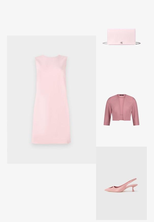 Kropskort damesblazer i rosafarvet pink med trekvartlange ærmer og åben front, glat stof, struktureret pasform.; Ærmeløs kjole i blødt pink stof, der har en enkel A-formet pasform, rund halsudskæring og en glat tekstur uden mønstre eller udsmykninger.; Lyserøde slingback-sko med spids tå, blank tekstur og en lille udskåret detalje. Har en slank hæl og en tekstureret overflade.; Lyserød rektangulær læderclutch med sølvkæde og lille sølvfarvet CK-logo midt på forsiden.