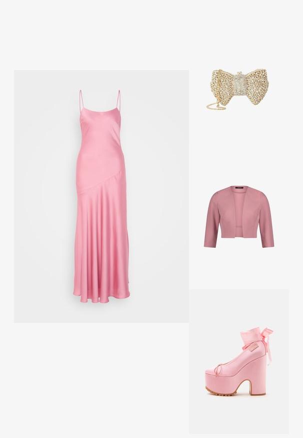 Blazer rose vif pour femme, court, manches trois-quarts, ouvert sur le devant, tissu lisse, coupe structurée.; Robe maxi en satin rose avec de fines bretelles spaghetti, une légère brillance et un détail de couture en diagonale à l'avant, descendant vers un ourlet évasé.; Chaussure à talon haut à plateforme rose avec talon bloc épais, rubans autour de la cheville noués en nœud et semelle crantée.; Pochette en forme de nœud ton or recouverte de cristaux clairs, avec un design en treillis délicat et une bandoulière chaîne dorée.