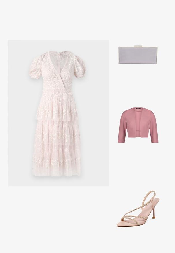 Kropskort damesblazer i rosafarvet pink med trekvartlange ærmer og åben front, glat stof, struktureret pasform.; Lyserød, lagdelt kjole med pufærmer, V-udskæring og intrikate blomsterbroderier. Lavet af et struktureret, let materiale. Lynlås bagpå.; Lyserød højhælet sandal med tynde perlebesatte remme, der krydser over foden, og en slank stiletthæl.; Rektangulær lavendel clutch lavet af tekstureret materiale med glatte kanter. Har en sølv spænde lukning på toppen.