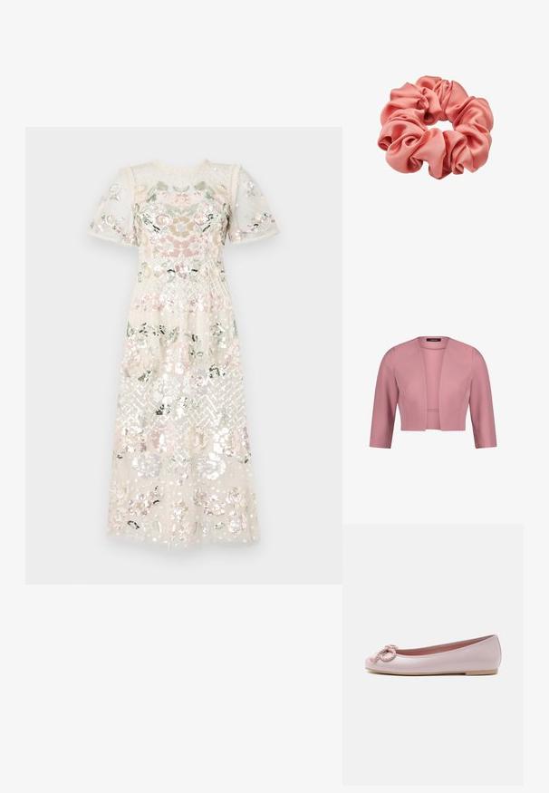 Blazer rose vif pour femme, court, manches trois-quarts, ouvert sur le devant, tissu lisse, coupe structurée.; Robe en tissu léger et pailleté avec broderies florales dans des couleurs pastel. Manches courtes bouffantes et décolleté rond. Longueur midi.; Ballerine en cuir verni rose clair avec bout arrondi, nœud en corde torsadée sur le devant et semelle basse beige sur fond blanc.; Chouchou en satin rose avec tissu froncé formant des volants doux et volumineux autour d'un élastique.