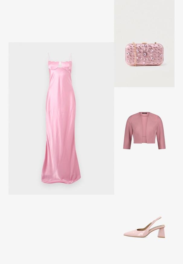 Blazer rose vif pour femme, court, manches trois-quarts, ouvert sur le devant, tissu lisse, coupe structurée.; Longue robe de soirée en satin rose avec fines bretelles et détail structuré au niveau de la poitrine, présentée sur un fond clair uni.; Bianco Escarpins - dusty pink; Pochette en satin rose avec des embellissements en bijoux, de forme rectangulaire, chaîne dorée et fermeture à fermoir, présentant un design floral en strass.