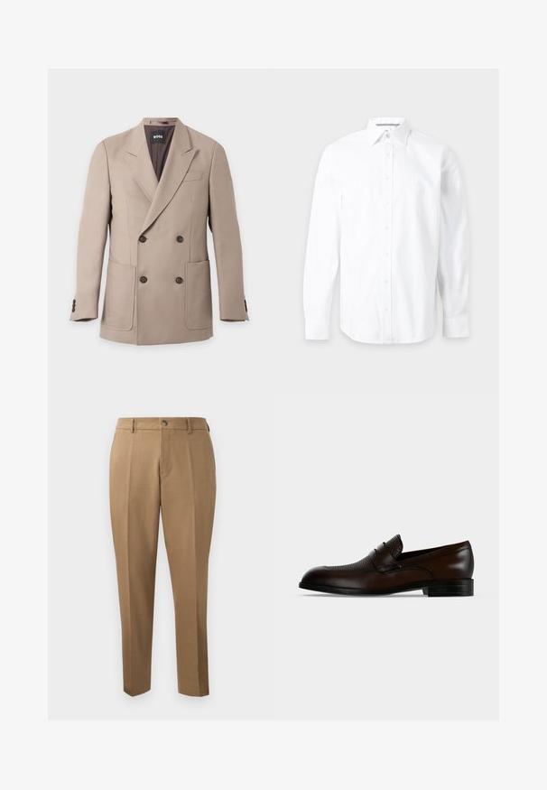 Blazer beige croisé avec de larges revers, quatre boutons foncés, deux poches avant et une poche poitrine, présenté sur un fond uni.; Chemise blanche à manches longues avec boutons et col pointu, présentée sur un fond gris clair uni.; Pantalons marron sur mesure avec une coupe droite, plis simples, passants de ceinture et fermeture à bouton sur le devant. Tissu lisse avec une texture mate.; Mocassin homme en cuir marron foncé avec dessus texturé et petit talon noir sur fond uni gris clair.