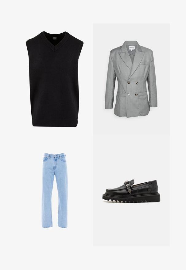 Heathe DOUBLE BREASTED - Veste de costume - grey; Pull noir sans manches avec un col en V, fabriqué dans un matériau doux, présentant un col et un ourlet inférieur côtelés. Design simple et classique.; Jean en denim bleu clair, avec une coupe droite, taille haute, poches avant et détails de couture classiques sur les coutures et la taille.; Mocassins en cuir noir avec des accents en métal argenté, une semelle en zigzag surélevée et un design épuré et arrondi ; texture lisse et finition brillante.