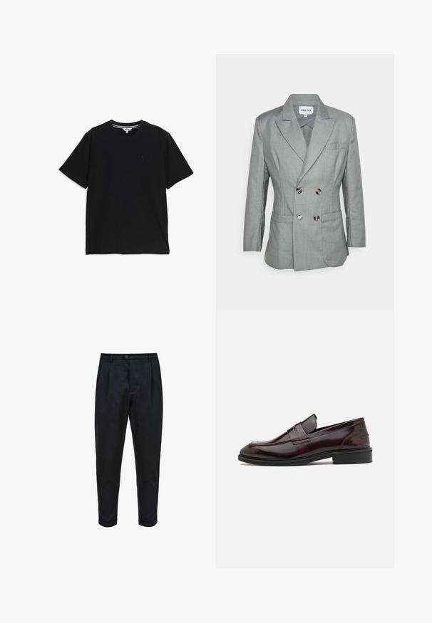 Heathe DOUBLE BREASTED - Veste de costume - grey; T-shirt noir à manches courtes et col rond, avec un petit logo brodé sur le côté gauche de la poitrine et une étiquette intérieure rayée au niveau du col.; Pantalons noirs en tissu lisse, avec un devant plissé, une coupe fuselée et des ourlets roulés. Fermeture par bouton simple à la taille.; Mocassins en cuir bordeaux avec une finition lisse, un accent rectangulaire à l'avant et une pointe arrondie, dotés d'une semelle en caoutchouc noir.