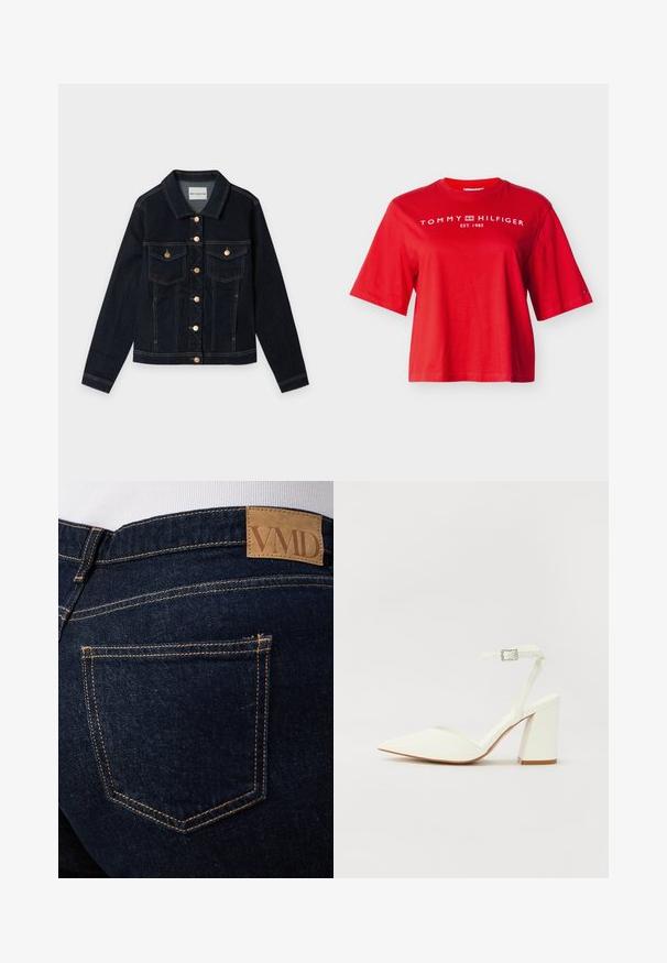 Mørkeblå denimjakke med lange ærmer, to brystlommer med flapper, guldfarvede knapper og synlige syninger, lagt fladt på en hvid baggrund.; Rød kortærmet Tommy Hilfiger T-shirt med hvidt logotekst og emblem på brystet og et lille flaglogo på venstre ærme.; Mørkeblå denimjeans med synlige orange syninger og en brun læderlap med mærket "VMD" over den bageste højre lomme.; Hvide hælede sandaler med spids tå, justerbar ankelrem og en kraftig firkantet hæl. Glat tekstur med minimale syninger.