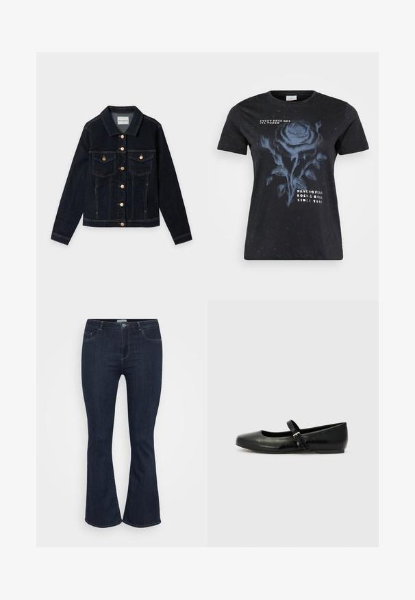 Mørkeblå denimjakke med lange ærmer, to brystlommer med flapper, guldfarvede knapper og synlige syninger, lagt fladt på en hvid baggrund.; ONLY Carmakoma CARMIKO WASHED SS REG TEE JRS - T-shirts print - black; Mørkeblå høj talje denim jeans med tætsiddende lår og let flared nederst, med forlommer og knaplukning.; Sorte læder balletflade med rund tå, flad sål og en tynd justerbar rem over svangen med en metalspænde.
