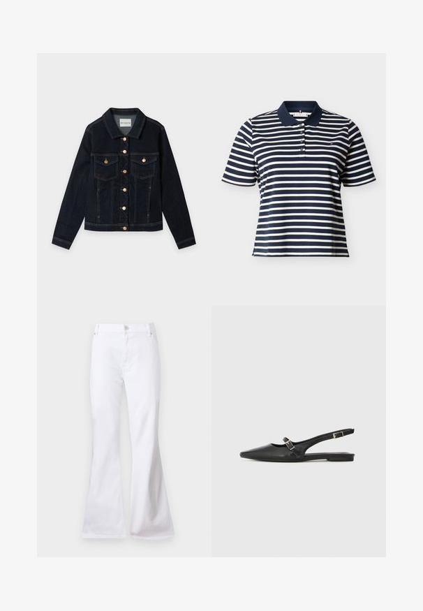 Veste en jean bleu foncé à manches longues, deux poches poitrine à rabat, boutons dorés et coutures visibles, posée à plat sur fond blanc.; Polo manches courtes à rayures horizontales bleu marine et blanc avec un col bleu marine et quatre boutons sur la patte de boutonnage.; Jean en denim blanc taille haute avec jambe évasée, fermeture par bouton et zip, poches avant et arrière, présenté sur un fond uni.; Chaussures slingback en cuir noir avec un bout pointu, comprenant une lanière étroite et un accent de boucle argentée sur le côté. Semelle plate.