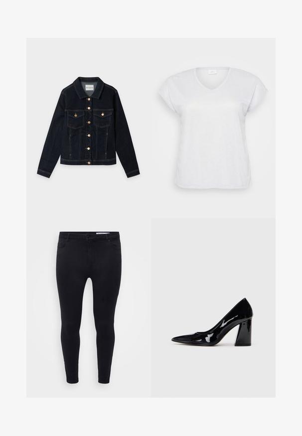 Mørkeblå denimjakke med lange ærmer, to brystlommer med flapper, guldfarvede knapper og synlige syninger, lagt fladt på en hvid baggrund.; Hvid kortærmet V-hals t-shirt med en subtil skimmereffekt, der har en afslappet pasform og ingen synlige mønstre eller accenter.; Sorte slim-fit jeans lavet af strækbart denim, med en frontlukkedrag og bælteløkker, samt fem lommer med en glat overflade.; Sorte lakerede højhælede sko med spids tå og en kraftig hæl, der har en glat, skinnende overflade og et elegant design.