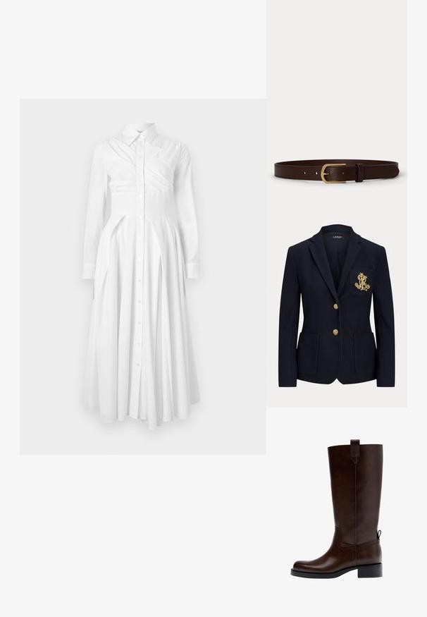 Blazer bleu marine avec revers cranté, deux boutons dorés, deux poches plaquées à l'avant et logo "RL" brodé en or sur la poche poitrine gauche.; Robe chemise en coton blanche avec manches longues, devant boutonné, jupe plissée et taille cintrée. Présente un design structuré et une texture douce.; Botte en cuir marron foncé montant jusqu'au genou avec un petit talon bloc, une languette de traction en haut et à l'arrière, et un bout arrondi, vue de profil.; Ceinture en cuir marron avec boucle en métal doré et bords cousus, posée à plat sur un fond blanc.