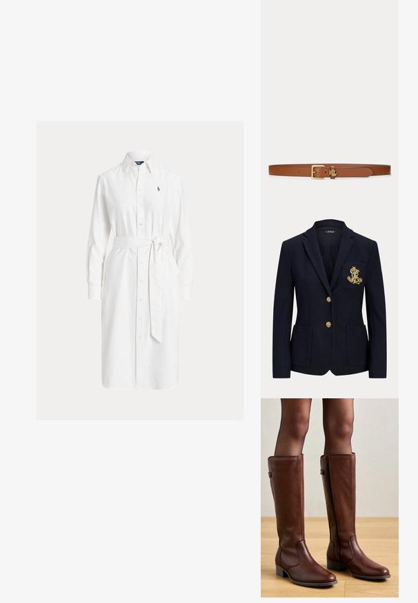 Marineblå blazer med hakket revers, to guldknapper, to forlommer med påsyet lommer og guldbroderet "RL" logo på venstre brystlomme.; Hvid skjortekjole med lange ærmer, krave, bælte i taljen og lille broderet logo på venstre bryst.; Anna Field by Zalando LEATHER - Høje støvler/ Støvler - brown; Brunt læderbælte med spænde i guld og lille guld "RL" logo nær spændehullerne, lagt fladt på en hvid baggrund.