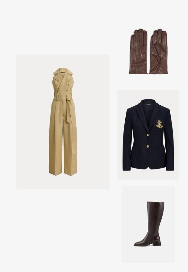 Marineblauwe blazer met ingesneden revers, twee gouden knopen, twee opgestikte voorzakken en goud geborduurd "RL"-logo op de linkerborstzak.; Beige jumpsuit met wijde pijpen, een dubbelgeknoopte sluiting, grote revers en een ceintuur in de taille. Gemaakt van een glad, gestructureerd materiaal.; Kniehoge bruine leren laarzen met een gladde afwerking, ronde neus en een gestapelde zwarte hak. Eenvoudig ontwerp met minimale hardwaredetails.; Bruine leren handschoenen met een gladde textuur. Kenmerken zijn onder andere vijf vingertoppen, subtiele stiksels op de rug en geplooide polsdetails.