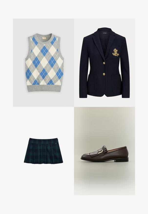 Marineblå blazer med hakket revers, to guldknapper, to forlommer med påsyet lommer og guldbroderet "RL" logo på venstre brystlomme.; Grå ærmeløs sweater med et argyle mønster i blå, hvid og gul. Har en rund halsudskæring og ribbet kant. Fremstillet af blødt stof.; Rynket nederdel med tern i mørkegrøn og marineblå med en glat talje og logo-accent. Har et klassisk, lagdelt rynkedesign.; Mørkebrune læderloafer med frynsedetalje og guldbeslag på en neutral baggrund, sidevisning.