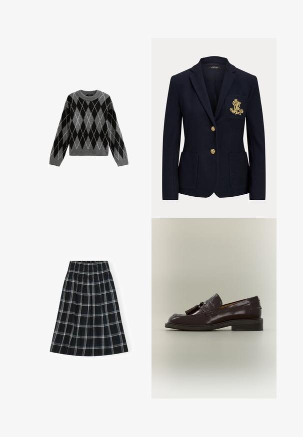 Blazer bleu marine avec revers cranté, deux boutons dorés, deux poches plaquées à l'avant et logo "RL" brodé en or sur la poche poitrine gauche.; Pull en tricot argyle gris et noir avec col rond, manches longues et ourlet côtelé, présentant des contours de losanges blancs. Texture douce.; Jupe à carreaux noir et blanc avec un waistband smocké, longueur genou, présentant un design évasé et une texture de tissu douce.; Mocassin en cuir marron foncé avec pampilles, talon bas et semelle cousue, montré de profil sur un fond neutre.