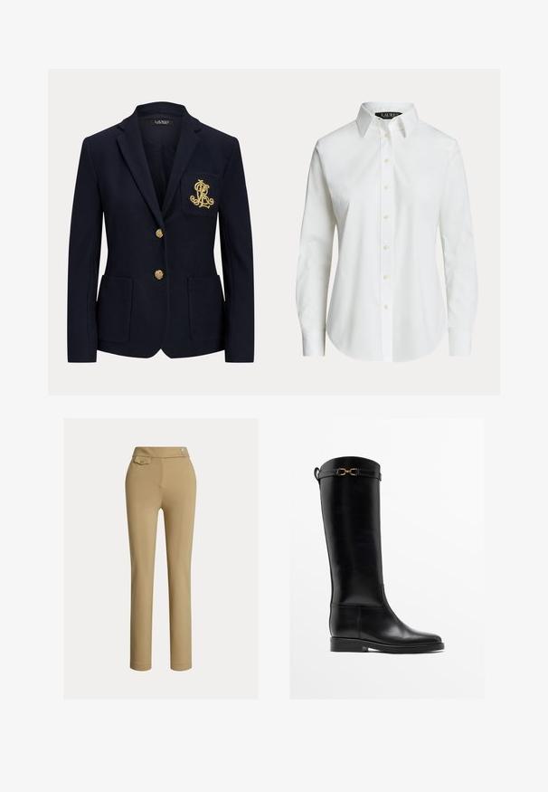 Marineblå blazer med hakket revers, to guldknapper, to forlommer med påsyet lommer og guldbroderet "RL" logo på venstre brystlomme.; Hvid langærmet skjorte med knapper, klassisk krave og synlige knapper foran, vist på en ensfarvet baggrund.; Beige slim-fit kvindebukser med høj talje, to knapper i siden og en lille lomme med knap nær taljebåndet.; Høj sort læderstøvle med lav hæl og guldbelagt spænde nær toppen, vist i profil på hvid baggrund.