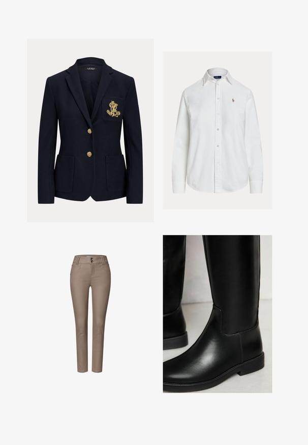 Marineblauwe blazer met ingesneden revers, twee gouden knopen, twee opgestikte voorzakken en goud geborduurd "RL"-logo op de linkerborstzak.; Wit overhemd met lange mouwen, knoopsluiting en kraag en een klein geborduurd logo op de linkerborst, weergegeven op een effen achtergrond.; Slim-fit taupekleurige broek met voorzakken, riemlussen en dubbele knoopsluiting, getoond op een witte achtergrond.; Zwarte leren kniehoog boots met een gladde textuur, ronde neus, minimale stitching en een lage blokhak. Heeft een stijlvolle, strakke pasvorm.
