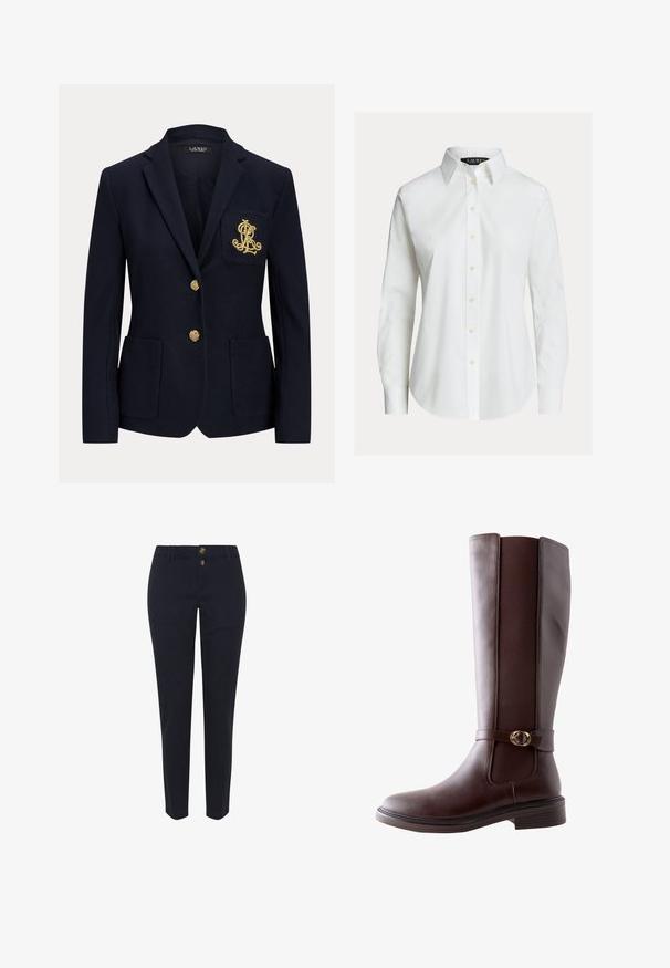 Marineblå blazer med hakket revers, to guldknapper, to forlommer med påsyet lommer og guldbroderet "RL" logo på venstre brystlomme.; Hvid skjorte med lange ærmer, knapper foran, spids krave og let buet kant.; Mørkeblå bomuldsbukser med lige ben-design, udstyret med to guldfarvede knapper og standart bæltesløjfer. Glat tekstur, ingen mønstre.; Next STANDARD FIT - FOREVER COMFORT ROUND BUCKLE DETAIL - Høje støvler/ Støvler - new chocolate brown