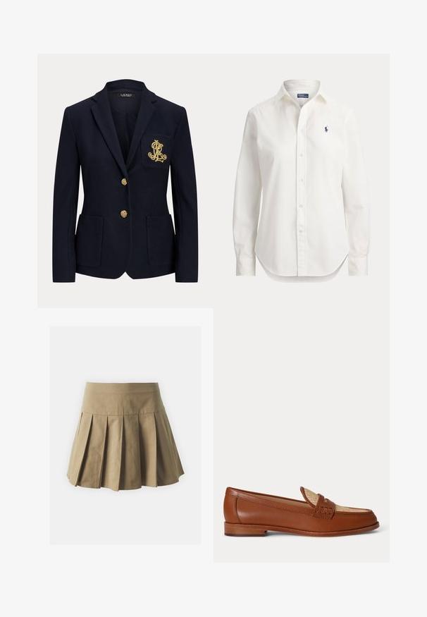 Blazer azul marino con solapa con muesca, dos botones dorados, dos bolsillos delanteros de parche y logo "RL" bordado en dorado en el bolsillo izquierdo del pecho.; Camisa blanca de manga larga con botones, cuello y pequeño logo azul de jugador de polo en el pecho izquierdo.; Falda de tono caqui con pliegues y cinturilla ajustada, hecha de una tela de algodón, con una textura uniforme y un diseño corto y acampanado.; Mocasín de cuero marrón con panel beige tejido en la parte superior, tacón bajo de madera y diseño tradicional de correa de moneda sobre fondo blanco.