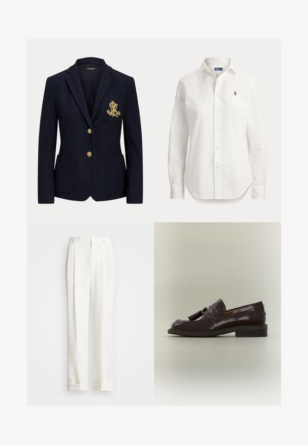 Marineblå blazer med hakket revers, to guldknapper, to forlommer med påsyet lommer og guldbroderet "RL" logo på venstre brystlomme.; Hvid langærmet skjorte med knapper, krave og lille blåt logo af en polospiller på venstre bryst.; Hvide skræddertrousers med to frontplisseringer, lige snit og opfoldede kanter. Fremstillet af glat stof og har et klassisk design.; Mørkebrun læderloafer med frynser, lav hæl og synet sål, vist fra siden på en neutral baggrund.