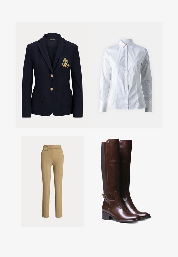 Marineblå blazer med hakket revers, to guldknapper, to forlommer med påsyet lommer og guldbroderet "RL" logo på venstre brystlomme.; Hvid skjorte med lange ærmer, spidse krave, tætsiddende design, glat bomuldsstof og frontlukning med knapper.; Beige slim-fit kvindebukser med høj talje, to knapper i siden og en lille lomme med knap nær taljebåndet.; Brune læderknæhøje støvler med glat finish, kontrasterende stofpanel, ankelspænde detalje og lav blokhæl.