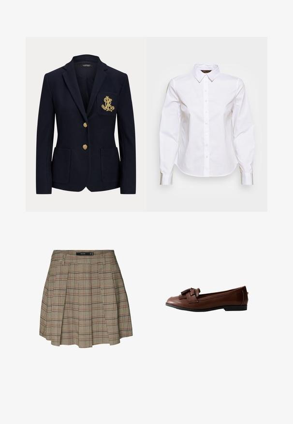 Marineblå blazer med hakket revers, to guldknapper, to forlommer med påsyet lommer og guldbroderet "RL" logo på venstre brystlomme.; Hvid langærmet skjorte med knapper, spids krave og figursyet talje, vist på en ensfarvet baggrund.; Vero Moda VMELLIE Mid waist Mini - A-snit nederdel - silver mink; Brun læder loafers med flad sål, detaljeret med en sløjfe og frynseaccent foran, med en glat tekstur og slank design.