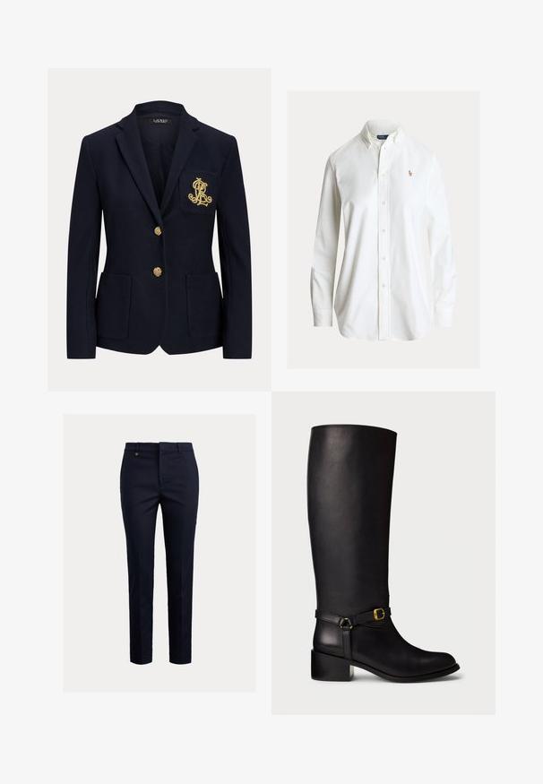 Marineblauer Blazer mit gekerbtem Revers, zwei goldenen Knöpfen, zwei aufgesetzten Taschen vorne und goldbesticktem "RL" Logo auf der linken Brusttasche.; Weißes Hemd mit langen Ärmeln, Knopfleiste, Knopfkragen und kleinem, gesticktem Polo-Spieler-Logo auf der linken Brust.; Marineblaue Chinos aus Baumwollmischung mit schmal zulaufender Passform, flacher Vorderseite, Seitentaschen und einer einzelnen Gesäßtasche; mit kleinem goldfarbenem Logo.; Schwarze Lederkniehohe Stiefel mit niedrigem Blockabsatz und dekorativem Riemen, der ein kleines goldenes Schnallenmittel am Knöchel aufweist.