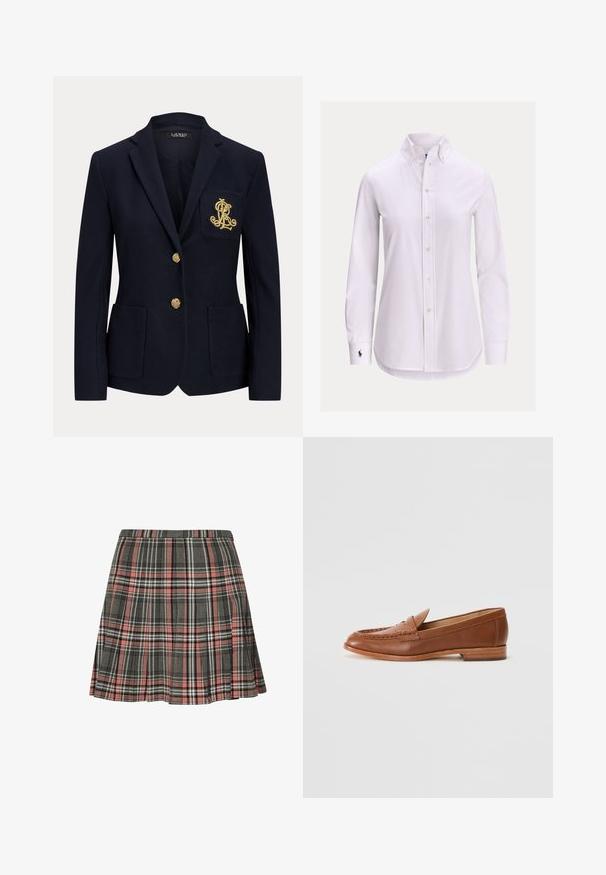 Marineblå blazer med hakket revers, to guldknapper, to forlommer med påsyet lommer og guldbroderet "RL" logo på venstre brystlomme.; Hvid langærmet skjorte med knapper foran, knappet krave og lille broderet logo på venstre manchet.; Rutnederdel i grå og pink med plisseret design og sorte og hvide accenter. Fremstillet af vævet stof, midt på låret længde.; Lauren Ralph Lauren WYNNIE - Loafers - deep saddle tan
