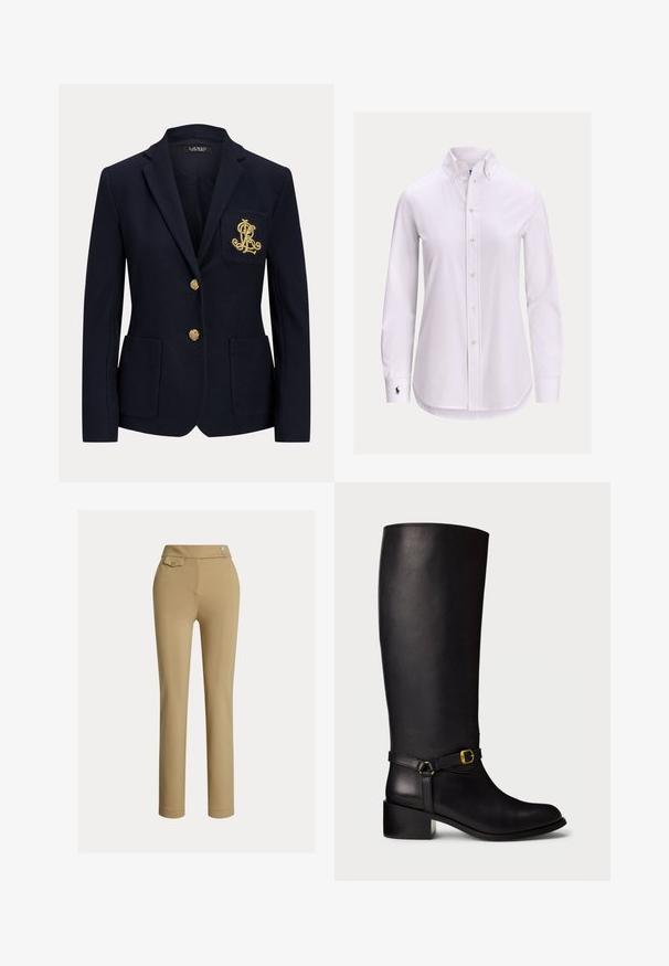 Blazer bleu marine avec revers cranté, deux boutons dorés, deux poches plaquées à l'avant et logo "RL" brodé en or sur la poche poitrine gauche.; Chemise blanche à manches longues avec col boutonné et petit logo brodé sur le poignet gauche.; Pantalons slim beige pour femmes avec taille haute, deux boutons sur le côté et une petite poche à rabat boutonnée près de la taille.; Botte en cuir noir montant jusqu'au genou, avec un petit talon carré et une sangle décorative dotée d'une petite boucle en or à la cheville.