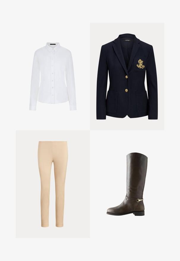 Blazer azul marino con solapa con muesca, dos botones dorados, dos bolsillos delanteros de parche y logo "RL" bordado en dorado en el bolsillo izquierdo del pecho.; Camisa blanca de manga larga con cuello, cierre de botones en la parte delantera y puños. Elaborada en una tela suave con un diseño ajustado y sin patrones visibles.; Pantalones beige ajustados hasta el tobillo con un acabado liso y sin bolsillos visibles ni adornos sobre un fondo liso.; Bota de montar alta de cuero marrón oscuro con tacón bajo y una correa decorativa con hebilla dorada alrededor del tobillo, vista de lado.