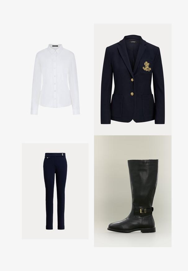 Marineblå blazer med hakket revers, to guldknapper, to forlommer med påsyet lommer og guldbroderet "RL" logo på venstre brystlomme.; Hvid langærmet skjorte med krave, knaplukning foran og manchetter. Fremstillet af glat stof med en tætsiddende pasform og uden synlige mønstre.; Marineblå slim-fit bukser med høj talje, der har dekorative knapper og en lille klaplomme på højre side.; Høj sort læderstøvle med lav hæl og en sidestrope med en lille guldbeklædning, vist på en neutral baggrund.