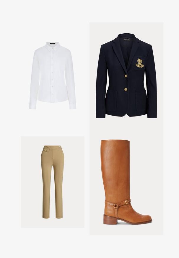 Marineblauwe blazer met ingesneden revers, twee gouden knopen, twee opgestikte voorzakken en goud geborduurd "RL"-logo op de linkerborstzak.; Witte lange mouwen shirt met een kraag, knoopsluiting aan de voorkant en manchetten. Gemaakt van soepel materiaal met een getailleerd ontwerp en zonder zichtbare patronen.; Beige slim-fit vrouwenbroek met hoge taille, twee knopen aan de zijkant en een klein knoopsluiting flapzakje nabij de tailleband.; Hoge bruine leren laars met lage gestapelde hak en decoratieve riem met gouden gesp rond de enkel.