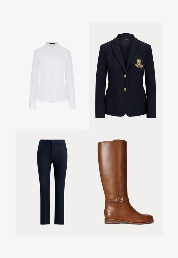 Blazer bleu marine avec revers cranté, deux boutons dorés, deux poches plaquées à l'avant et logo "RL" brodé en or sur la poche poitrine gauche.; Chemise blanche à manches longues avec un col, fermeture à boutons sur le devant et poignets. Fabriquée en tissu lisse, avec un design ajusté et sans motifs visibles.; Pantalon habillé bleu marine sur mesure, coupe droite, passants de ceinture et fermeture éclair à l’avant.; Botte en cuir marron montant jusqu’au genou avec une petite boucle dorée et le logo "RL" sur la sangle près de la cheville, talon plat et finition lisse.