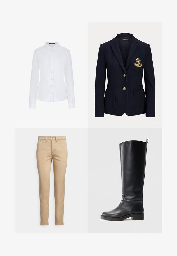 Marineblå blazer med hakket revers, to guldknapper, to forlommer med påsyet lommer og guldbroderet "RL" logo på venstre brystlomme.; Hvid langærmet skjorte med krave, knaplukning foran og manchetter. Fremstillet af glat stof med en tætsiddende pasform og uden synlige mønstre.; Beige bomuldschinos med lige pasform, der har knaplukning, forlommer og syningsdetaljer langs sømmene.; Sort læder knæhøj støvle med en glat tekstur, rund tå og en kraftig sål. Har en subtil sømdetalje og en træksløjfe øverst.