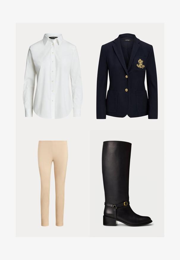 Marineblauer Blazer mit gekerbtem Revers, zwei goldenen Knöpfen, zwei aufgesetzten Taschen vorne und goldbesticktem "RL" Logo auf der linken Brusttasche.; Weißes langärmeliges Hemd mit klassischem Kragen und sichtbaren Knöpfen vorne, auf einfachem Hintergrund präsentiert.; Beige, figurbetonte, knöchellange Hose mit glatter Oberfläche und ohne sichtbare Taschen oder Verzierungen auf einfarbigem Hintergrund.; Schwarze Lederkniehohe Stiefel mit niedrigem Blockabsatz und dekorativem Riemen, der ein kleines goldenes Schnallenmittel am Knöchel aufweist.