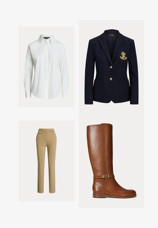 Marineblå blazer med hakket revers, to guldknapper, to forlommer med påsyet lommer og guldbroderet "RL" logo på venstre brystlomme.; Hvid skjorte med lange ærmer, knapper foran, spids krave og let buet kant.; Beige slim-fit kvindebukser med høj talje, to knapper i siden og en lille lomme med knap nær taljebåndet.; Brun læder knæhøj støvle med en lille guldbøjle og "RL" logo på remmen nær anklen, flad hæl og glat finish.