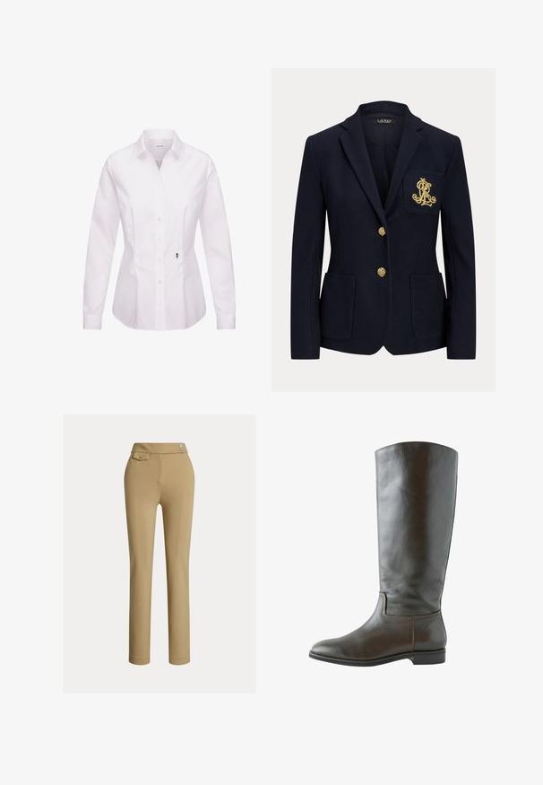 Marineblå blazer med hakket revers, to guldknapper, to forlommer med påsyet lommer og guldbroderet "RL" logo på venstre brystlomme.; Hvid langærmet skjorte med knapper, klassisk krave, frontplade, sidesømme og en sort broderet rosedetalje nær kanten.; Beige slim-fit kvindebukser med høj talje, to knapper i siden og en lille lomme med knap nær taljebåndet.; Brun læder knæhøj støvle med en glat overflade, rund tå og minimal syning. Sålen er flad med en lav hæl.