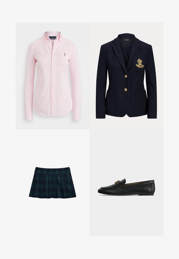 Marineblå blazer med hakket revers, to guldknapper, to forlommer med påsyet lommer og guldbroderet "RL" logo på venstre brystlomme.; Lyserød langærmet skjorte med knapkrave, hvide knapper og lille broderet logo på venstre bryst. Blødt bommateriale.; Rynket nederdel med tern i mørkegrøn og marineblå med en glat talje og logo-accent. Har et klassisk, lagdelt rynkedesign.; Sort læderloafer med guldfarvet metalspænde på toppen, flad sål og syning langs overkanten.