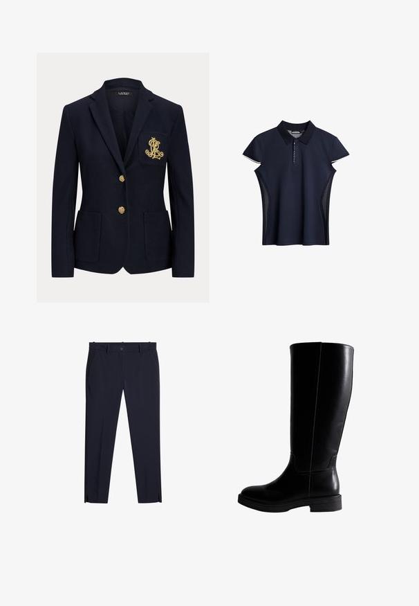 Marineblauwe blazer met ingesneden revers, twee gouden knopen, twee opgestikte voorzakken en goud geborduurd "RL"-logo op de linkerborstzak.; Marineblauwe poloshirt met een kraag, korte capmouwen en mesh zijpanelen; heeft een knoopsluiting en contrasterende afwerkingen.; Heren slim-fit broek in donkerblauw met riemlussen, voorzakken, gulp en kleine splitjes aan de voorkant van de pijpen bij de zoom.; Knee-high zwarte leren laarzen met een gladde textuur, ronde neus, minimale stiksels en een platte rubberen zool. Eenvoudig, strak ontwerp.