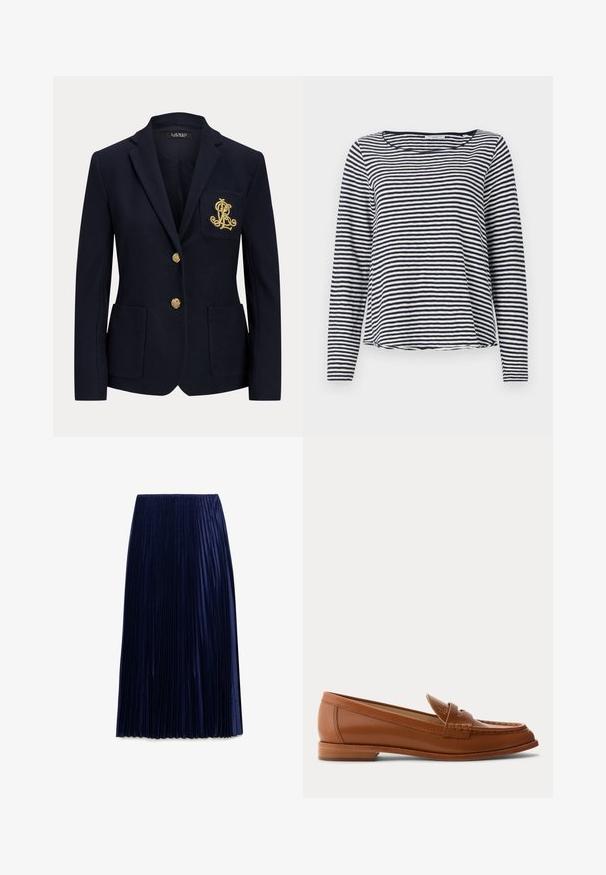 Marineblå blazer med hakket revers, to guldknapper, to forlommer med påsyet lommer og guldbroderet "RL" logo på venstre brystlomme.; Langærmet top i marineblå og hvide striber med rund halsudskæring og en afslappet pasform. Fremstillet af et let, tekstureret stof.; Mørkeblå plisseret midi-nederdel lavet af letvægtsstof med en glat overflade, der har jævnt fordelt lodrette folder og en elastisk talje.; Brun læderloafer med lavt træsål, klassisk penny-rem og syet detalje langs tå og sider.