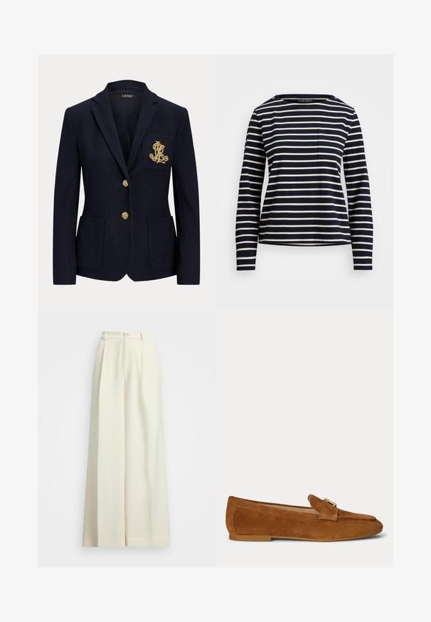 Marineblå blazer med hakket revers, to guldknapper, to forlommer med påsyet lommer og guldbroderet "RL" logo på venstre brystlomme.; Mørkeblå langærmet skjorte med hvide vandrette striber, rund halsudskæring og en lille brystlomme. Har knapdetaljer på skulderen.; Bredde benbukser i off-white stof, med høj talje, dobbelte plisseringer og knaplukning. Glat tekstur og skræddersyet design.; Brun ruskind flad loafer med guldfarvet metallås-detalje på toppen og lav hælsål.