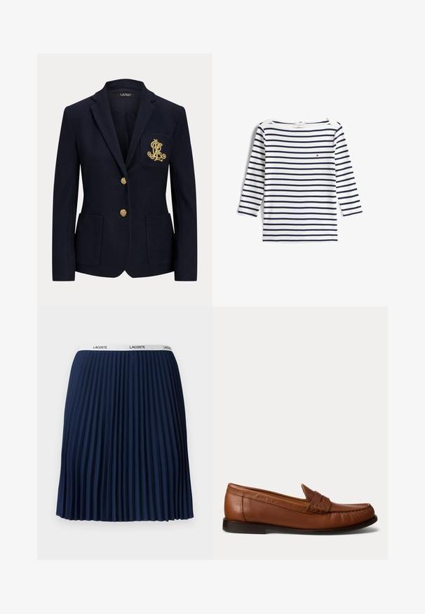 Marineblå blazer med hakket revers, to guldknapper, to forlommer med påsyet lommer og guldbroderet "RL" logo på venstre brystlomme.; Hvid langærmet skjorte med mørkeblå vandrette striber og et lille rødt, hvidt og blåt logo på venstre bryst.; Marineblå plisseret nederdel med en struktureret design, elastisk talje med "LACOSTE" mærkning og glat stof.; Brun læderloafer med lav sort hæl, mok-tå-syning og en dekorativ rem over toppen, vist mod en hvid baggrund.