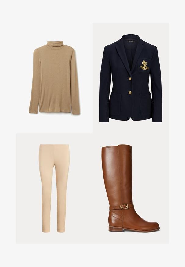 Marineblauer Blazer mit gekerbtem Revers, zwei goldenen Knöpfen, zwei aufgesetzten Taschen vorne und goldbesticktem "RL" Logo auf der linken Brusttasche.; Beiges Langarm-Rollkragenshirt mit tailliertem Schnitt, flach auf weißem Hintergrund präsentiert.; Beige, figurbetonte, knöchellange Hose mit glatter Oberfläche und ohne sichtbare Taschen oder Verzierungen auf einfarbigem Hintergrund.; Brauner kniehoher Lederstiefel mit einer kleinen goldenen Schnalle und "RL" Logo am Riemen nahe dem Knöchel, flachem Absatz und glatter Oberfläche.
