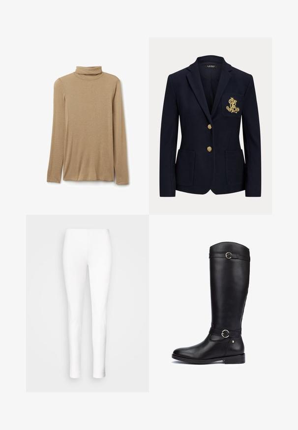 Marineblauer Blazer mit gekerbtem Revers, zwei goldenen Knöpfen, zwei aufgesetzten Taschen vorne und goldbesticktem "RL" Logo auf der linken Brusttasche.; Beiges Langarm-Rollkragenshirt mit tailliertem Schnitt, flach auf weißem Hintergrund präsentiert.; Weiße Leggings aus dehnbarem Material. Eng anliegendes Design mit glatter Textur, das sich an den Knöcheln verjüngt, ohne sichtbare Verschlüsse oder Verzierungen.; Kniehohe schwarze Lederstiefel mit glatter Textur, kreisförmigem Schnallenakzent am Riemen und niedrigem Blockabsatz. Seitennähte sichtbar.